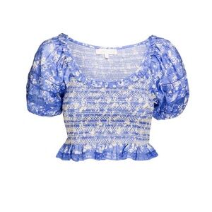 LOVESHACKFANCY Molly Puff-Sleeve Smocked Ruffle Crop Top